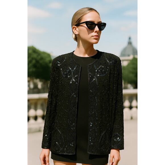 Vintage JMD Beaded Silk Jacket Black Glam Avant Garde Women’s L - Picture 1 of 8